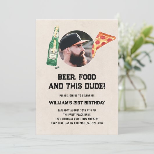 ビール男 フォトマン 面白い 21歳の誕生日 招待状 (スタンド正面)