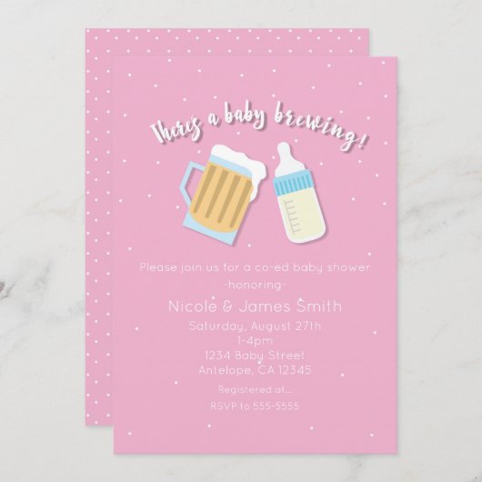 ビール醸造ベビーマグピンクシャワーがある 招待状 (正面/裏面)