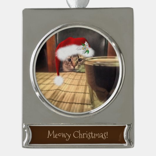 ビール飲む?おもしろいユーモア猫の写真撮影 シルバープレートバナーオーナメント (正面)