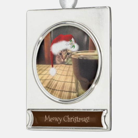 ビール飲む？おもしろいユーモア猫の写真撮影 シルバープレートバナーオーナメント (左)