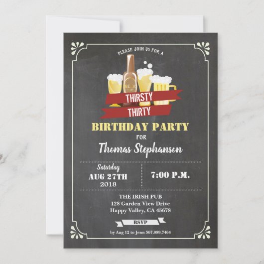 ビール30歳の誕生日のどが渇いた30レトロなバーチョークボード 招待状 (正面)