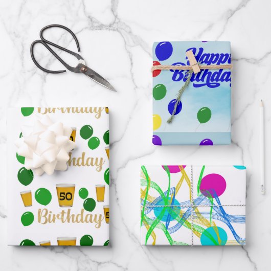 ビール50個、ハッピーバースデー、サークルスクイグル ラッピングペーパーシート (正面)