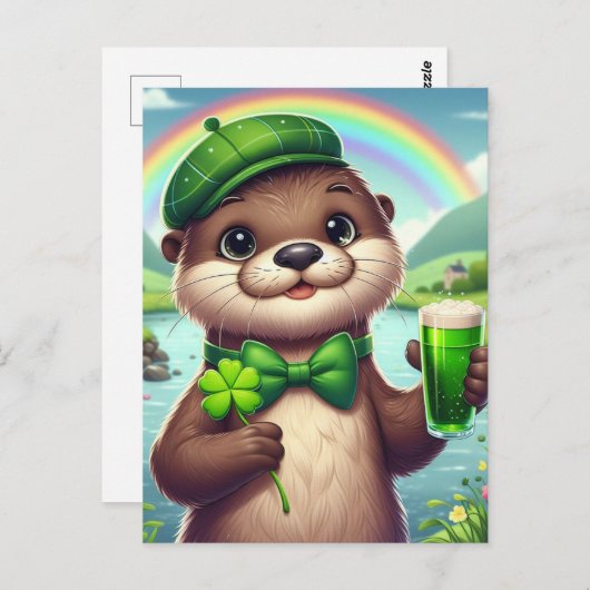 ビール、シャムロック、レインボーを添えたカワウソ ポストカード (正面/裏面)
