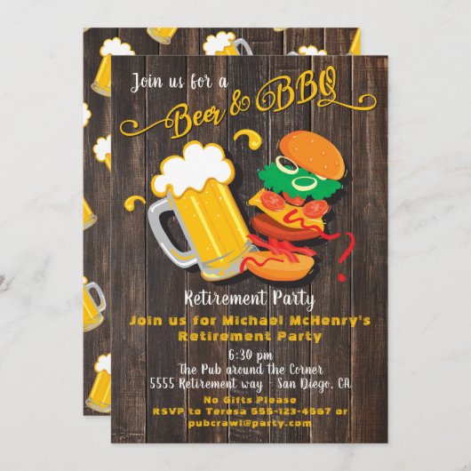 ビール&バーベキューリタイアメントパーティの招待状 招待状 (正面/裏面)