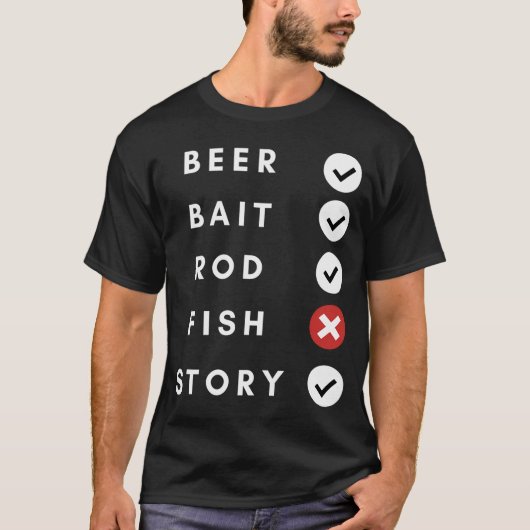ビール+釣り竿+釣り+ストーリー Tシャツ (正面)