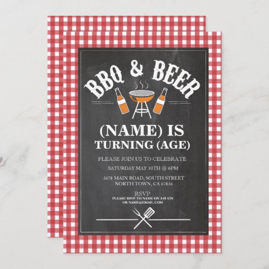 ビールBBQの誕生会年齢の黒板の招待 招待状 (正面/裏面)