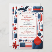 ビールBBQ 4th 7月Bald Eagle American Flagパーティー 招待状 (正面)