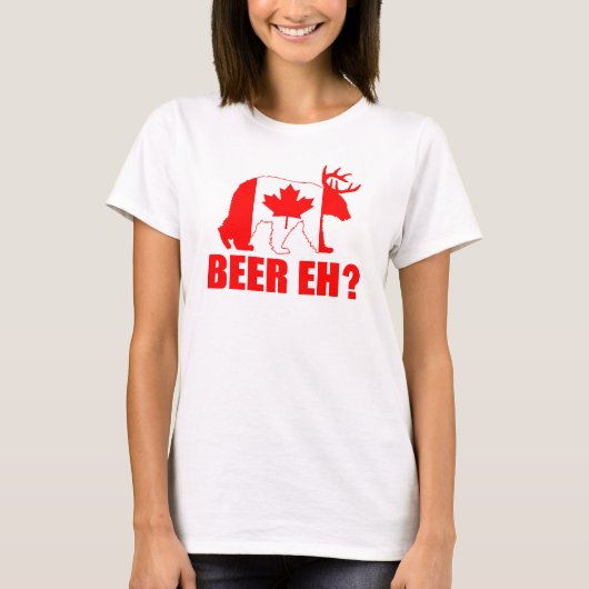 ビールEHか。  おもしろいなくまのシカのカナダの旗のTシャツ Tシャツ (正面)