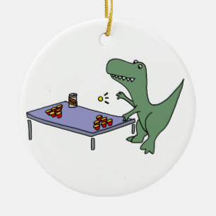 ビールPongを遊んでいるおもしろいなTレックスの恐竜 セラミックオーナメント
