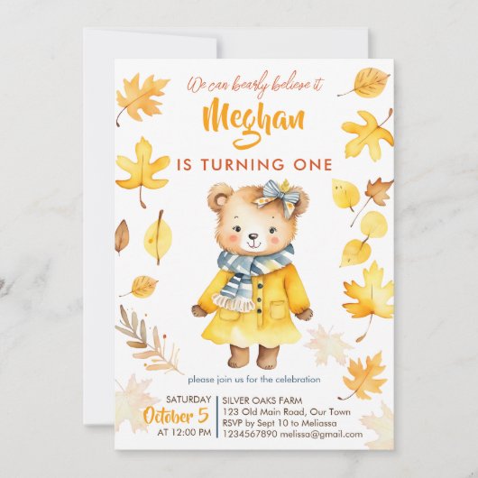 ビー信じリーit女の子テディ秋誕生日パーティー 招待状 (正面)