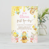 ビー女の子1st誕生日招待状、（昆虫）マルハナバチ、ミツバチ。 招待状 (スタンド正面)