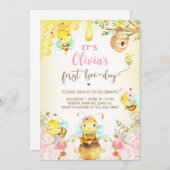 ビー女の子1st誕生日招待状、（昆虫）マルハナバチ、ミツバチ。 招待状 (正面/裏面)