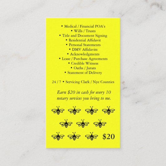 ビー忙しの携帯公証ロイヤリティカード20ドル現金 名刺 (裏面)