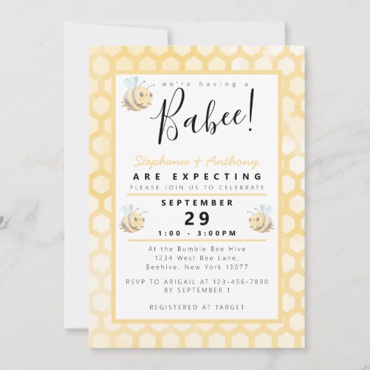 ビー水彩赤ちゃんシャワー 招待状 (正面)