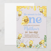 ビー男の子1歳の誕生日招待状、（昆虫）マルハナバチ、ミツバチ。 招待状 (正面/裏面)