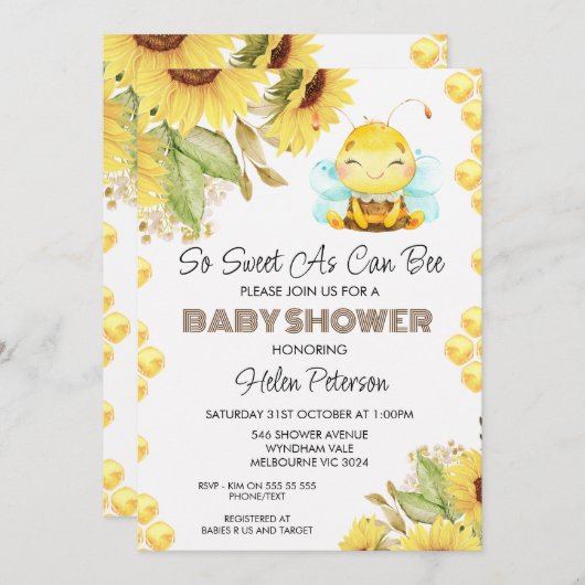 ビー男女兼用ヒマワリ赤ちゃんシャワー 招待状 (正面/裏面)