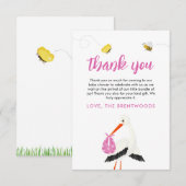 ビー素朴チ&バタフライガールベビーシャワー付きコウノトリ サンキューカード (正面/裏面)