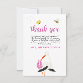 ビー素朴チ&バタフライガールベビーシャワー付きコウノトリ サンキューカード