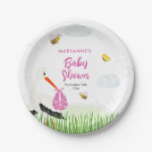 ビー素朴チ&バタフライガールベビーシャワー付きコウノトリ ペーパープレート (正面)