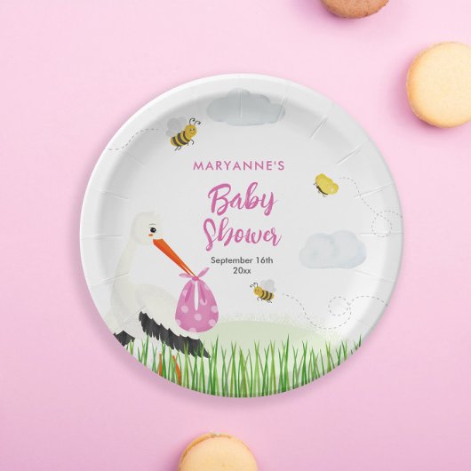 ビー素朴チ&バタフライガールベビーシャワー付きコウノトリ ペーパープレート
