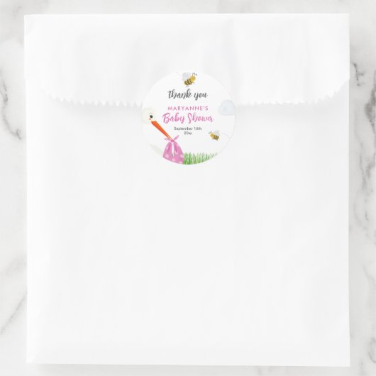 ビー素朴チ&バタフライガールベビーシャワー付きコウノトリ ラウンドシール (バッグ)