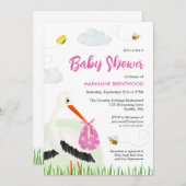 ビー素朴チ&バタフライガールベビーシャワー付きコウノトリ 招待状 (正面/裏面)