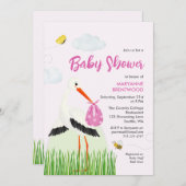 ビー素朴チ&バタフライガールベビーシャワー付きコウノトリ 招待状 (正面/裏面)