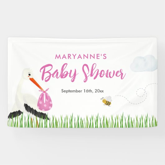 ビー素朴チ&バタフライガールベビーシャワー付きコウノトリ 横断幕 (横)