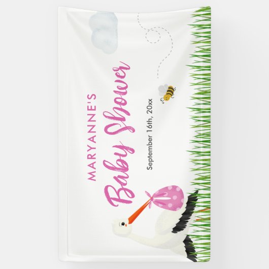 ビー素朴チ&バタフライガールベビーシャワー付きコウノトリ 横断幕 (縦)