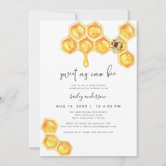 ビー素朴ビーの赤ちゃんシャワーが可能なローミーイエロー甘い 招待状 (正面)