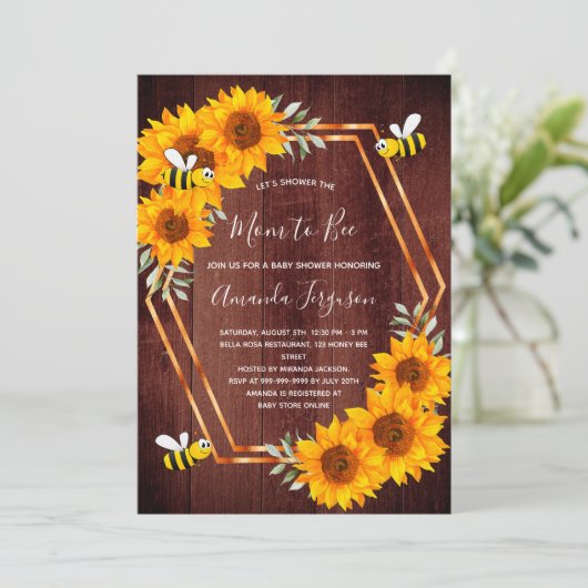 ビー素朴赤ちゃんシャワーひまわり茶色の木製 招待状 (スタンド正面)
