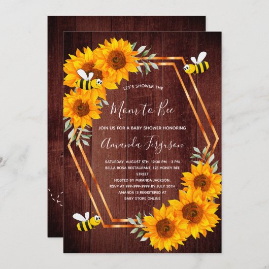 ビー素朴赤ちゃんシャワーひまわり茶色の木製 招待状 (正面/裏面)