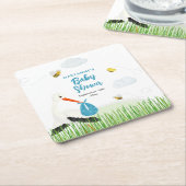 ビー素朴&バタフライボーイベビーシャワー付きコウノトリ スクエアペーパーコースター (アングル)