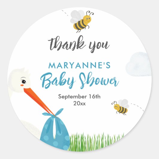 ビー素朴&バタフライボーイベビーシャワー付きコウノトリ ラウンドシール (正面)