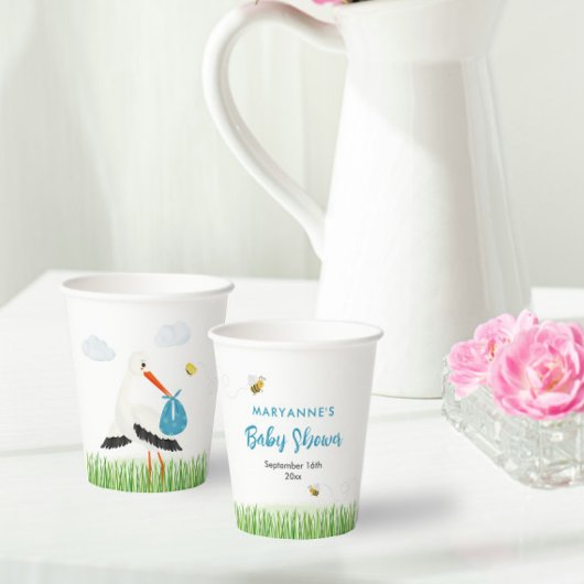 ビー素朴&バタフライボーイベビーシャワー付きコウノトリ 紙コップ