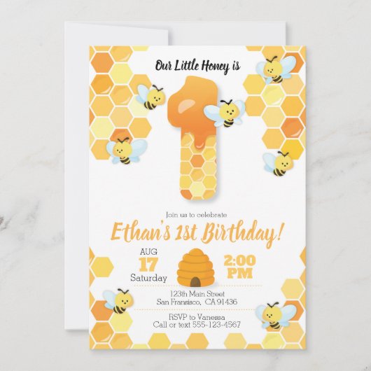 ビー誕生日ビー招待状1歳の誕生日 招待状 (正面)