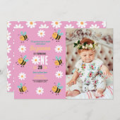 ビー誕生日フォトパーティーフラワーデイジーピンク 招待状 (正面/裏面)
