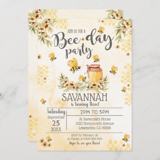 ビー誕生日招待状ビーデイパーティー 招待状 (正面/裏面)