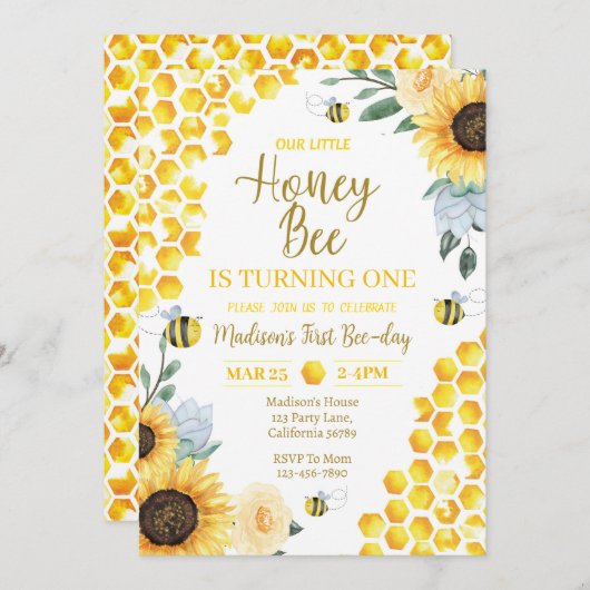 ビー誕生日招待状ファーストビーデイ招待状 招待状 (正面/裏面)