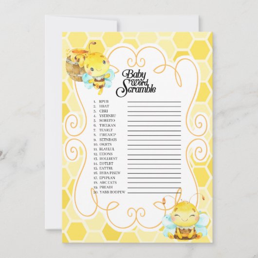 ビー赤ちゃんシャワーワードスクランブルゲーム 招待状 (正面)