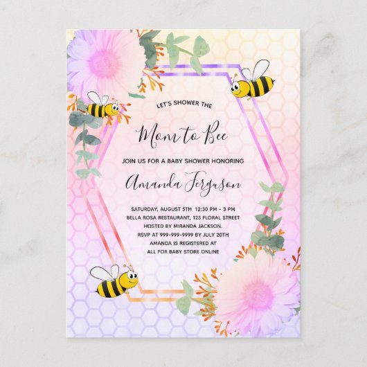 ビー赤ちゃんシャワー女の子フローラ緑のママbee インビテーションポストカード (正面)