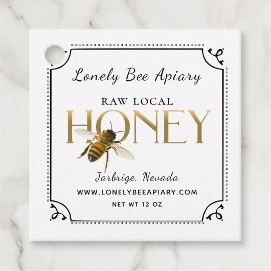 ビー飛んでいるメタル金ゴールドハニーラベルファンシー縁ど フェイバータグ (正面)