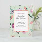 ビー1歳の誕生日招待状ピンク（昆虫）マルハナバチ 招待状 (スタンド正面)