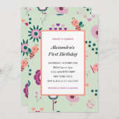 ビー1歳の誕生日招待状ピンク（昆虫）マルハナバチ 招待状 (正面/裏面)