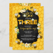 ビー3歳の誕生日パーティの招待状ビー誕生日 招待状 (正面/裏面)