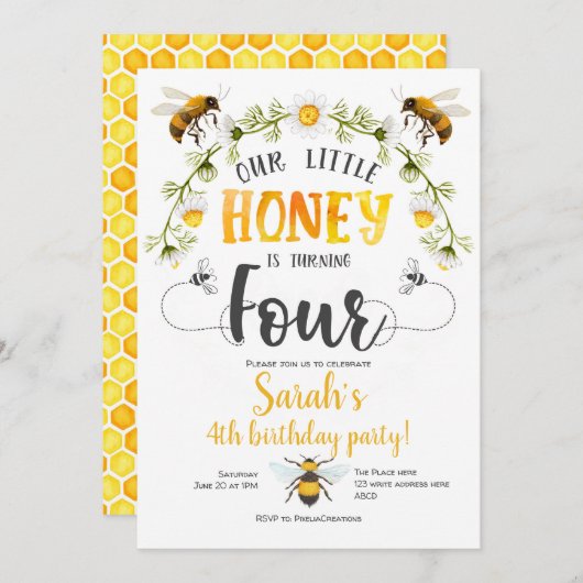 ビー，のまわりに，リトルビー，女の子， 4歳の誕生日 招待状 (正面/裏面)