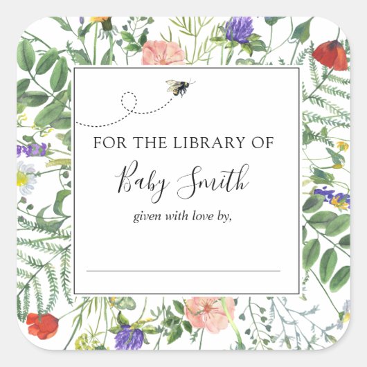 ビー&ワイルドフラワーベビーシャワー蔵書票シール スクエアシール (正面)