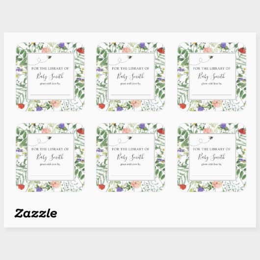 ビー&ワイルドフラワーベビーシャワー蔵書票シール スクエアシール (シート)