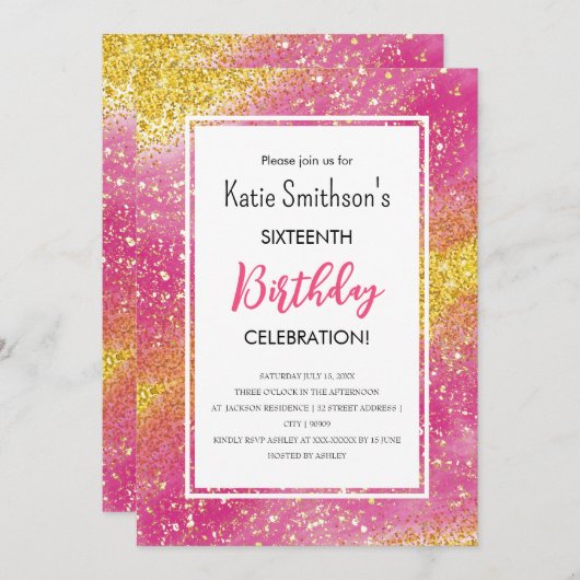 ピかわいらしッガーリーク金ゴールドグリッター誕生日招待状 招待状 (正面/裏面)