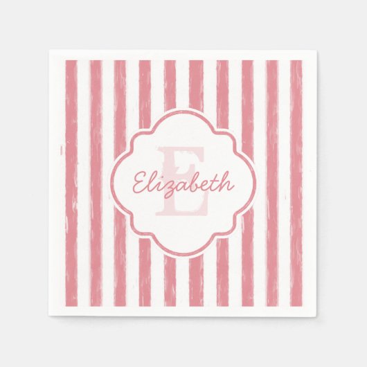 ピかわいらしック絵を描ストライプのモノグラムと名前 スタンダードカクテルナプキン (正面)